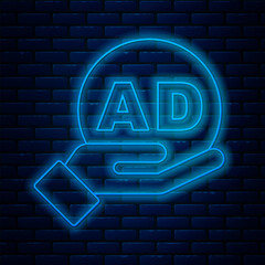 Glowing neon line Advertising icon isolated on brick wall background. Concept of marketing and promotion process. Responsive ads. Social media advertising. Vector