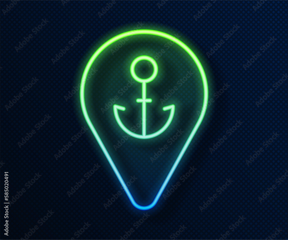 Poster glowing neon line map pointer with anchor icon isolated on blue background. vector