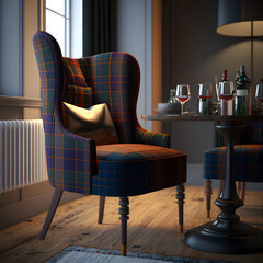 Cozy modern living room interior with Tartan armchair and decoration room big window in the background, Generative AI

