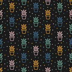 Fototapeta na wymiar Black seamless pattern with colorful outline cacti
