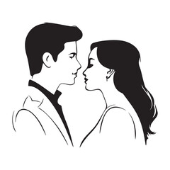 Groom kissing the bride. Minimal vector icon of traditional wedding. Woman in a bridal dress with veil. Happy loving relationship. Newlywed cartoon drawing. Husband and wife. Logo design. White dress