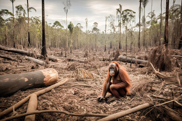 Orangutan homeless after deforestation, generated AI, generated, AI - obrazy, fototapety, plakaty