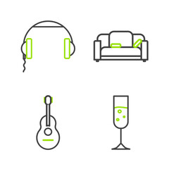 Set line Glass of champagne, Guitar, Sofa and Headphones icon. Vector