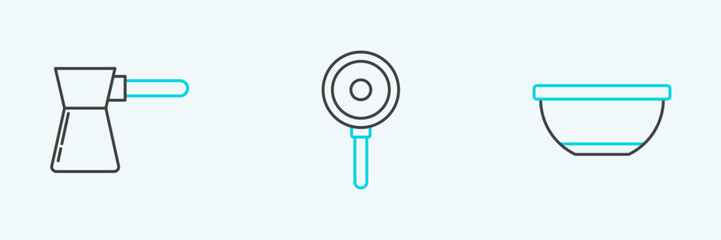 Set line Bowl, Coffee turk and Frying pan icon. Vector