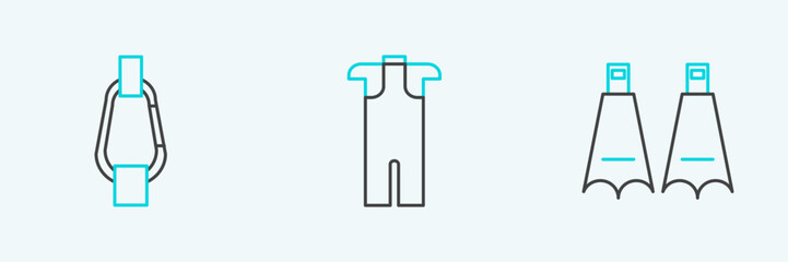 Set line Rubber flippers for swimming, Carabiner and Wetsuit scuba diving icon. Vector