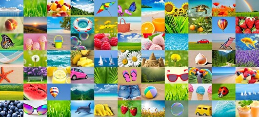 Fototapeta na wymiar Summer elements collage. Generative AI illustration set. All the attributes of the summer season.