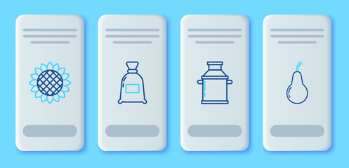 Set line Bag of flour, Can container for milk, Sunflower and Pear icon. Vector