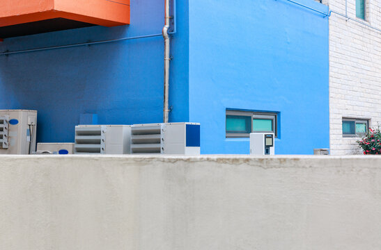 Blue building and electrical devices.