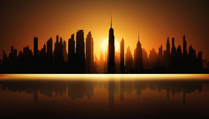 Abstract silhouette of the city on a background of the evening sky. AI generated