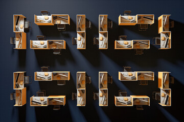 Yellow line work cubicles on a blue carpet