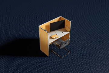 Yellow work cubicle on a blue carpet