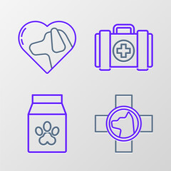 Fototapeta premium Set line Veterinary clinic symbol, Bag of food for pet, Pet first aid kit and Heart with dog icon. Vector