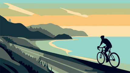Man cylcing between the mountains and the beach. Healthy activity. Bike trip. Ecological transportation. Vector art of biker traveling. Sport athlete competing. Hipster lifestyle vacation. Pedal racer