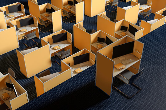 Yellow line work cubicles on a blue carpet