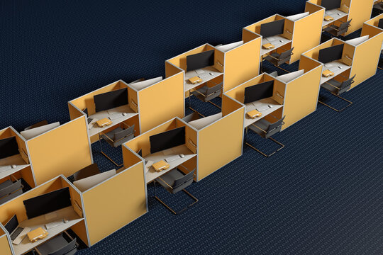 Yellow line work cubicles on a blue carpet
