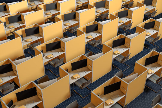 Yellow line work cubicles on a blue carpet