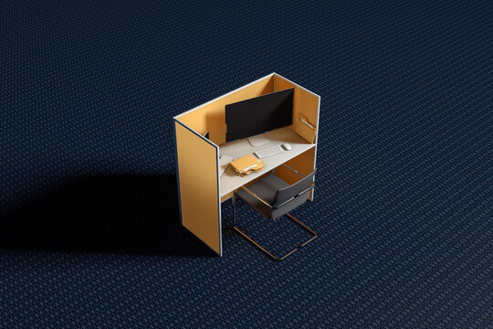 Yellow work cubicle on a blue carpet