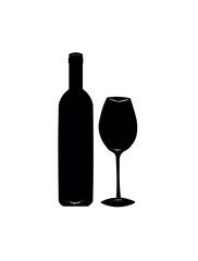 bottle and glass. Black wine bottle with glass on white background