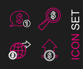 Set line Financial growth and coin, Earth globe with dollar, Magnifying glass and Speech bubble icon. Vector