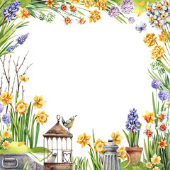 Watercolor square frame with spring flowers, herbs, garden decor and bird. Yellow daffodils, blue muscari and hyacinths, spring garden background. Scrapbooking, invitations, postcards design.