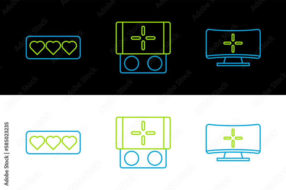 Poster set line computer monitor, like and heart and portable video game console icon. vector