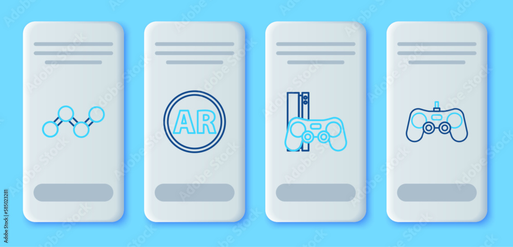 Poster set line ar, augmented reality, game console with joystick, share and gamepad icon. vector