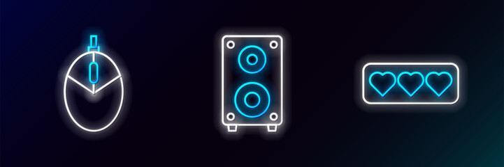 Set line Like and heart, Computer mouse gaming and Stereo speaker icon. Glowing neon. Vector