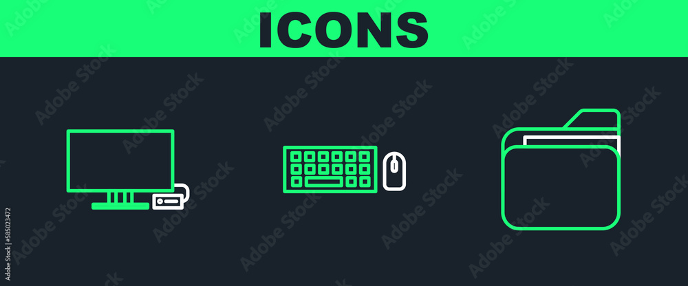Poster set line document folder, smart tv and keyboard and mouse icon. vector