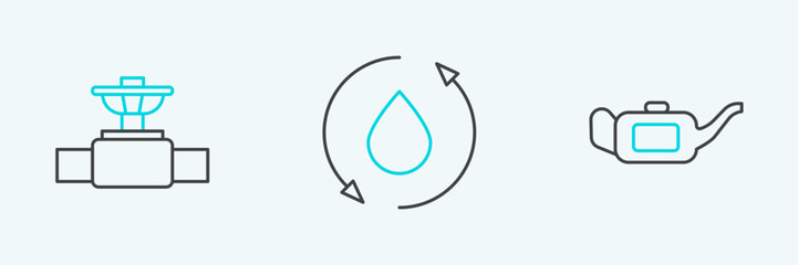 Set line Canister for motor oil, Industry pipe and valve and Oil drop icon. Vector