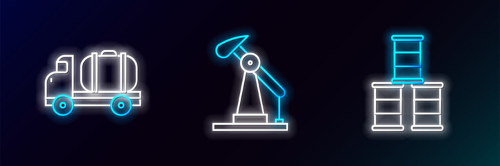 Set line Barrel oil, Tanker truck and Oil pump or pump jack icon. Glowing neon. Vector