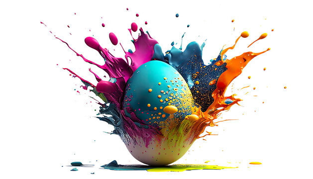Easter Egg With Colorful Paint Splash Explosion - Generative AI