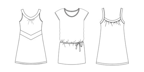Woman dresses, shirts and tunics technical drawing, template, sketch, flat, mock up. Jersey or woven fabric dress front view, white color