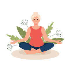 White hair woman siting in meditating pose in nature and leaves. Yoga, meditation, relax, retreat, healthy lifestyle concept. Vector illustration in flat cartoon style