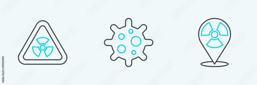Poster set line radioactive in location, triangle with radiation and virus icon. vector