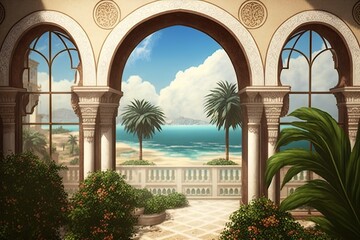 Arab Palace Sea View, Grand Hamam, Hotel, Luxurious Oriental Interiors, Abstract Generative AI Illustration