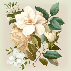 Magnolia branch with leaves and white flower. Hand drawn watercolor illustration. Generative Ai.