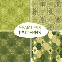 seamless patterns set. Simple repeated floral and abstract elements on green background. Nice fresh design. Spring decorative art collection for textile.