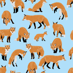 Seamless pattern with red foxes Vulpes vulpes. Common foxes and their cubs walk, sit, stand and hunt. Realistic vector carnivorous animal