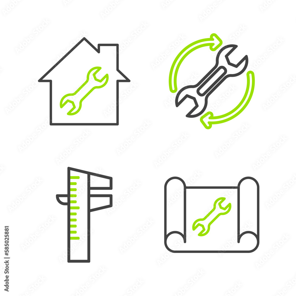 Poster set line graphing paper and wrench, calliper or caliper scale, wrench arrows as workflow and house r