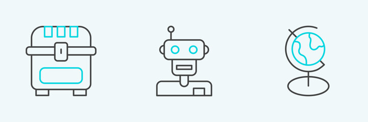 Set line Earth globe, Antique treasure chest and Robot icon. Vector