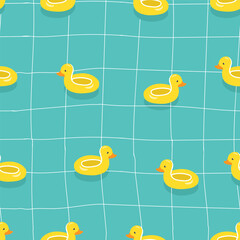 Funny cute print with vector yellow ducks in the swimming pool. Lovely seamless print on turquoise blue background. Kids style simple endless art. Rubber duck animals repeated.