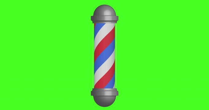 Rotating barbershop pole with shiny caps glowing isolated on a green background, 4k footage. Animated spiral pole.