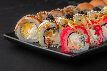 Variety of sushi foodTraditional asian food with raw fish and rice. All you can eat concept