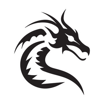 Dragon head. Simple minimalistic vector icon of fantasy animal. Abstract tattoo element of monster. Black and white outlines of mythical creature. Chinese, tribal shape. Zodiac sign. Modern SVG.