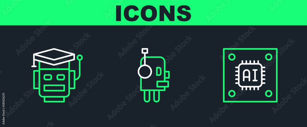 Poster Set line Processor with microcircuits CPU, Robot and icon. Vector