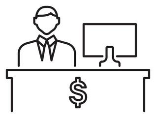Project management man in suit, table, computer, accountant vector icon illustration