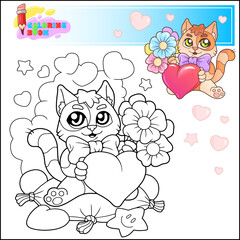 cute cartoon cat with flowers coloring book
