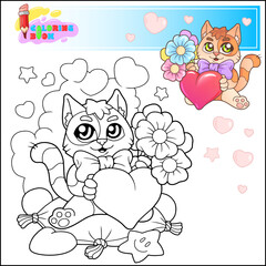 cute cartoon cat with flowers coloring book