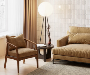 Living room interior with brown sofa and armchair and white tiled wall