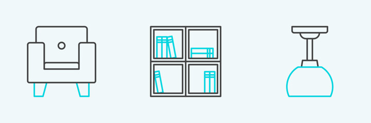 Set line Lamp hanging, Armchair and Shelf with books icon. Vector